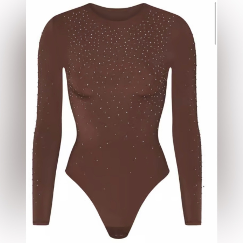 Skims Swarovski Jelly Sheer Long Sleeve Crew Neck Thong Bodysuit